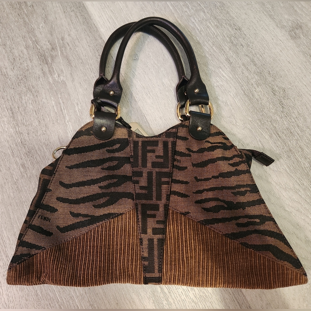 Fendi Devil Trapezio Handbag- Zucca, Zebra & Corduroy Shoulder Bag